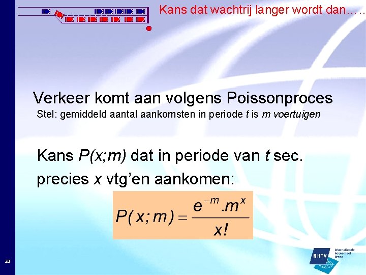 Kans dat wachtrij langer wordt dan…… Verkeer komt aan volgens Poissonproces Stel: gemiddeld aantal