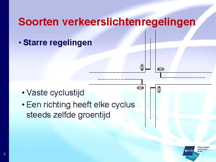 Soorten verkeerslichtenregelingen • Starre regelingen • Vaste cyclustijd • Een richting heeft elke cyclus