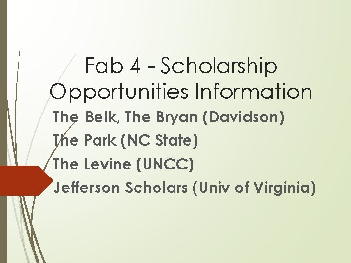 Fab 4 - Scholarship Opportunities Information The Belk, The Bryan (Davidson) The Park (NC