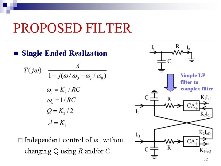 PROPOSED FILTER n Single Ended Realization Simple LP filter to complex filter ¨ Independent
