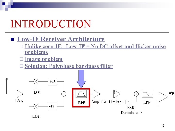 INTRODUCTION n Low-IF Receiver Architecture ¨ Unlike zero-IF: Low-IF = No DC offset and