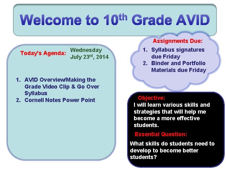 th Welcome to 10 Grade AVID Assignments Due: Today’s Agenda: Wednesday July 23 rd,