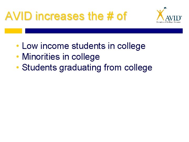 AVID increases the # of • Low income students in college • Minorities in