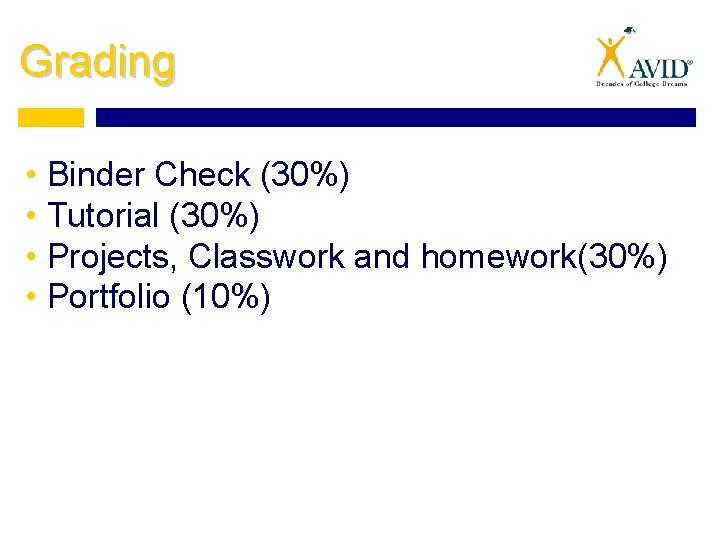 Grading • Binder Check (30%) • Tutorial (30%) • Projects, Classwork and homework(30%) •