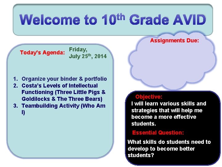 th Welcome to 10 Grade AVID Assignments Due: Today’s Agenda: Friday, July 25 th,