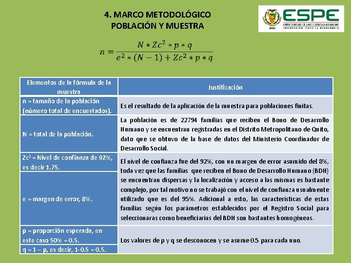 4. MARCO METODOLÓGICO POBLACIÓN Y MUESTRA Elementos de la fórmula de la muestra n