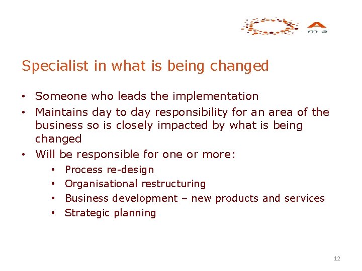 Specialist in what is being changed • Someone who leads the implementation • Maintains