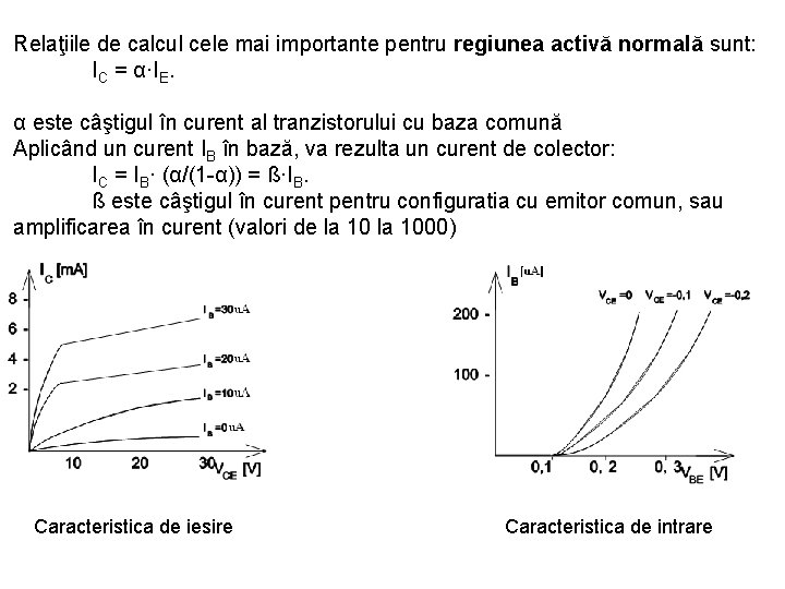 Relaţiile de calcul cele mai importante pentru regiunea activă normală sunt: IC = α·IE.