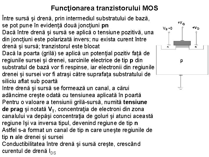 Funcţionarea tranzistorului MOS Între sursă şi drenă, prin intermediul substratului de bază, se pot