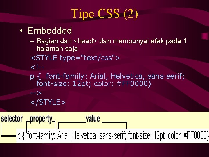 Tipe CSS (2) • Embedded – Bagian dari <head> dan mempunyai efek pada 1