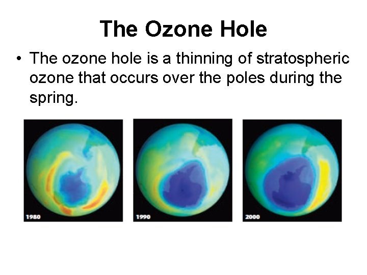 The Ozone Hole • The ozone hole is a thinning of stratospheric ozone that