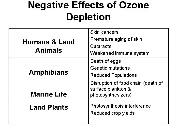 Negative Effects of Ozone Depletion Humans & Land Animals Amphibians Marine Life Land Plants