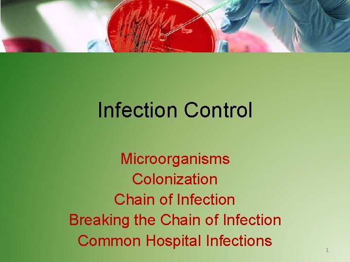 Infection Control Microorganisms Colonization Chain of Infection Breaking the Chain of Infection Common Hospital