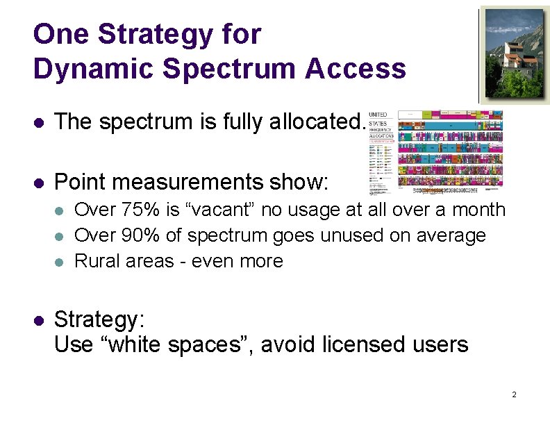 One Strategy for Dynamic Spectrum Access l The spectrum is fully allocated. l Point