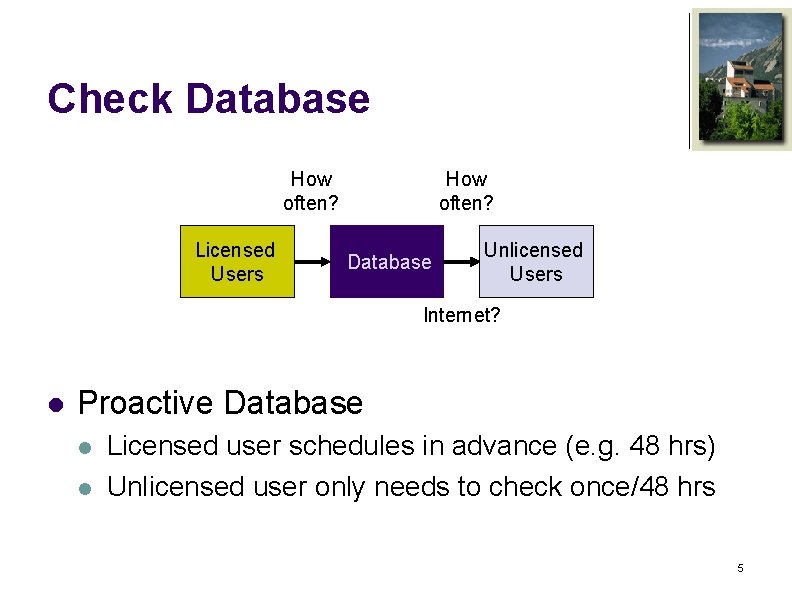Check Database How often? Licensed Users How often? Database Unlicensed Users Internet? l Proactive
