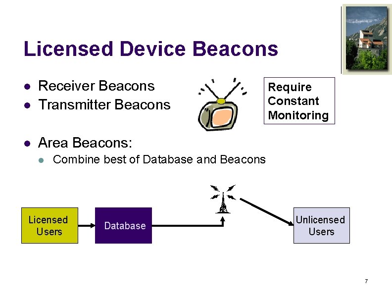 Licensed Device Beacons l Receiver Beacons Transmitter Beacons l Area Beacons: l l Require