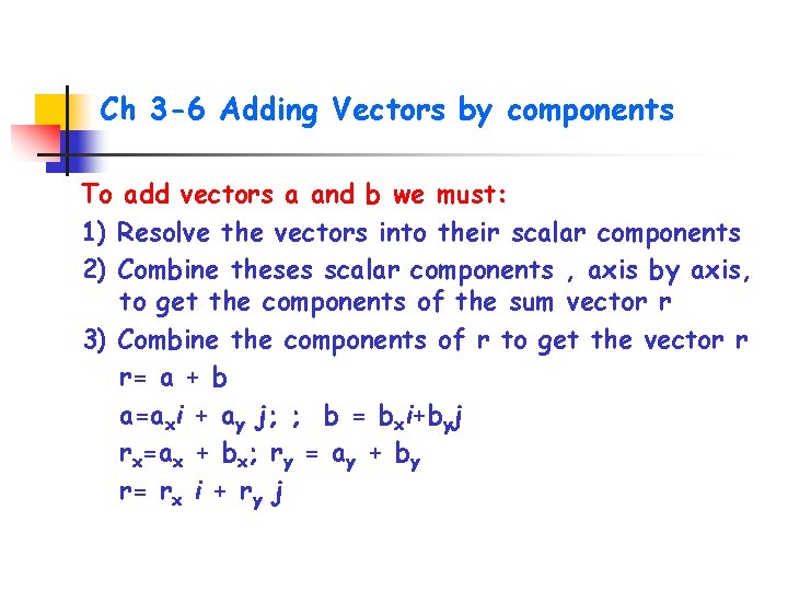 Ch 3 -6 Adding Vectors by components To add vectors a and b we