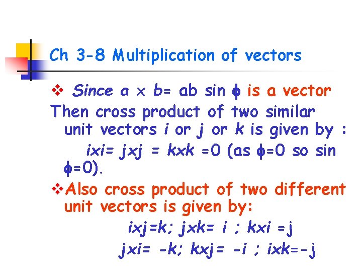 Ch 3 -8 Multiplication of vectors v Since a x b= ab sin is