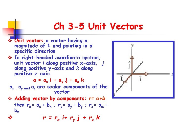 Ch 3 -5 Unit Vectors v Unit vector: a vector having a magnitude of