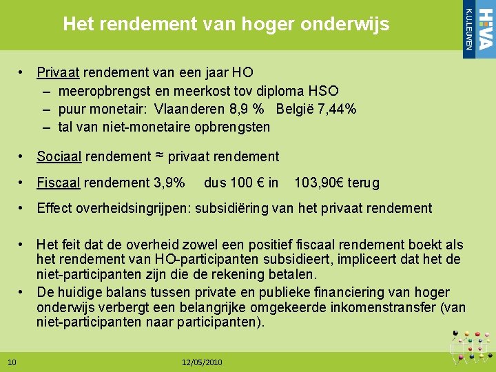 Het rendement van hoger onderwijs • Privaat rendement van een jaar HO – meeropbrengst