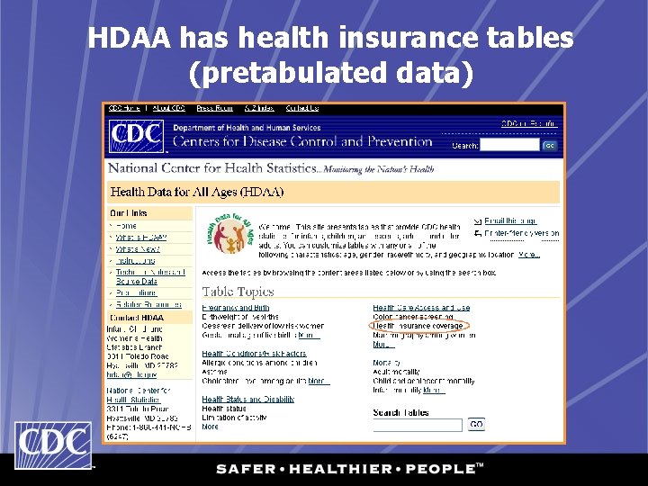 HDAA has health insurance tables (pretabulated data) 