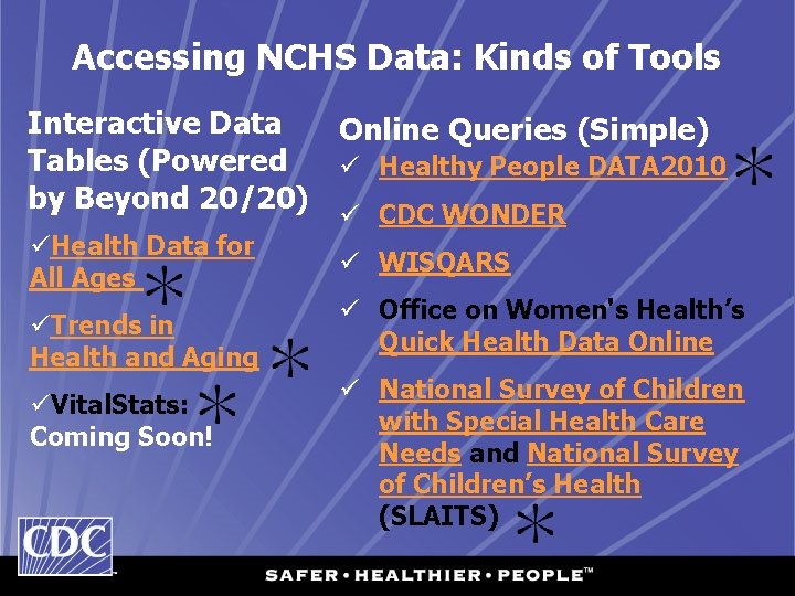 Accessing NCHS Data: Kinds of Tools Interactive Data Online Queries (Simple) Tables (Powered ü