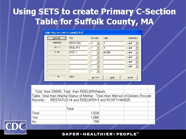 Using SETS to create Primary C-Section Table for Suffolk County, MA 