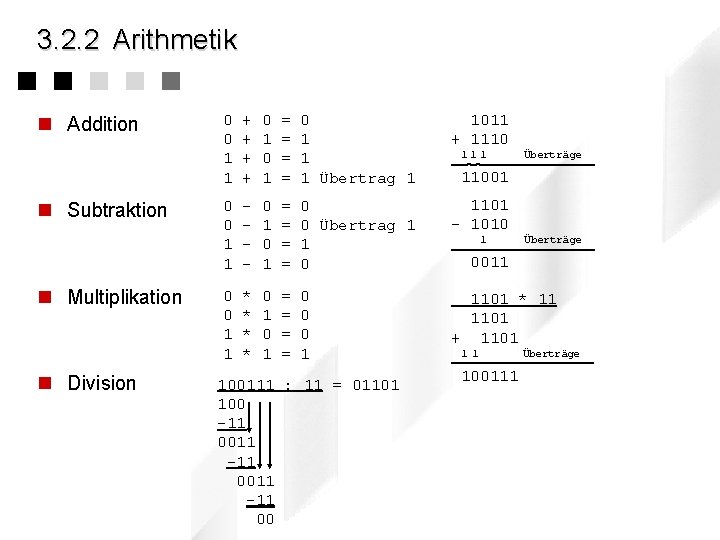 3. 2. 2 Arithmetik n Addition n Subtraktion n Multiplikation n Division 0 0