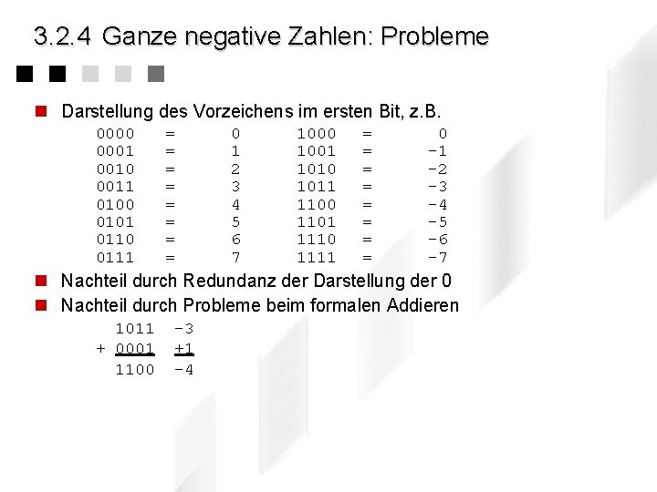 3. 2. 4 Ganze negative Zahlen: Probleme n Darstellung des Vorzeichens im ersten Bit,