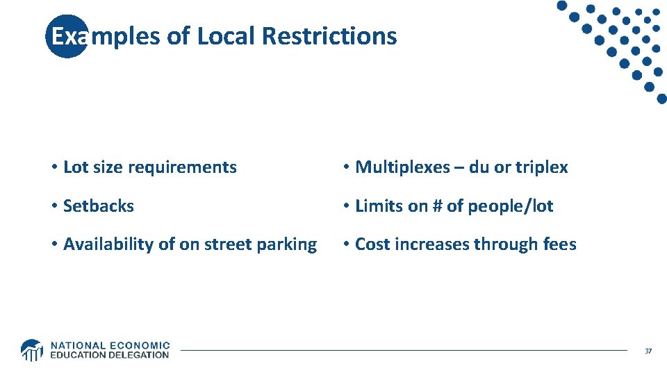 Examples of Local Restrictions • Lot size requirements • Multiplexes – du or triplex Examples of Local Restrictions • Lot size requirements • Multiplexes – du or triplex