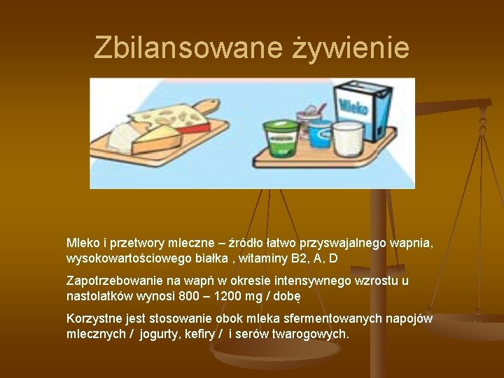 Zbilansowane żywienie Mleko i przetwory mleczne – źródło łatwo przyswajalnego wapnia, wysokowartościowego białka ,