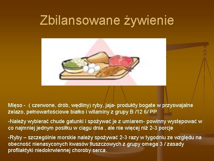 Zbilansowane żywienie Mięso - ( czerwone, drób, wędliny) ryby, jaja- produkty bogate w przyswajalne