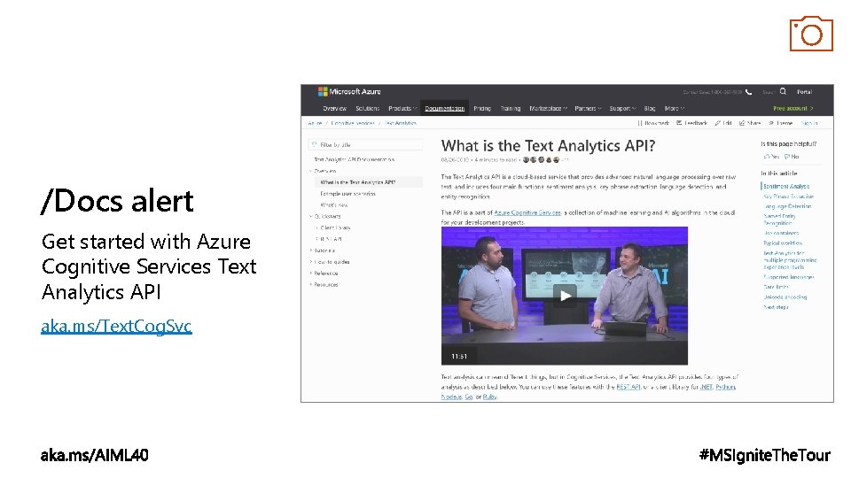 /Docs alert Get started with Azure Cognitive Services Text Analytics API aka. ms/Text. Cog.