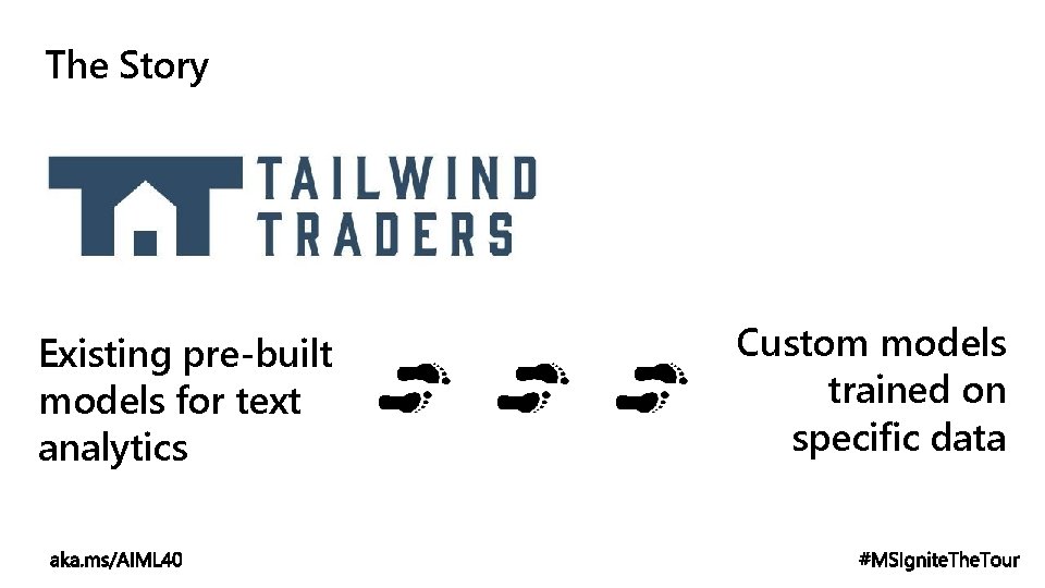The Story Existing pre-built models for text analytics Custom models trained on specific data