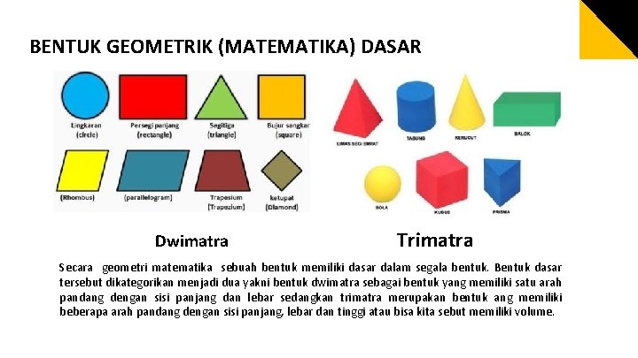 BENTUK GEOMETRIK (MATEMATIKA) DASAR Dwimatra Trimatra Secara geometri matematika sebuah bentuk memiliki dasar dalam