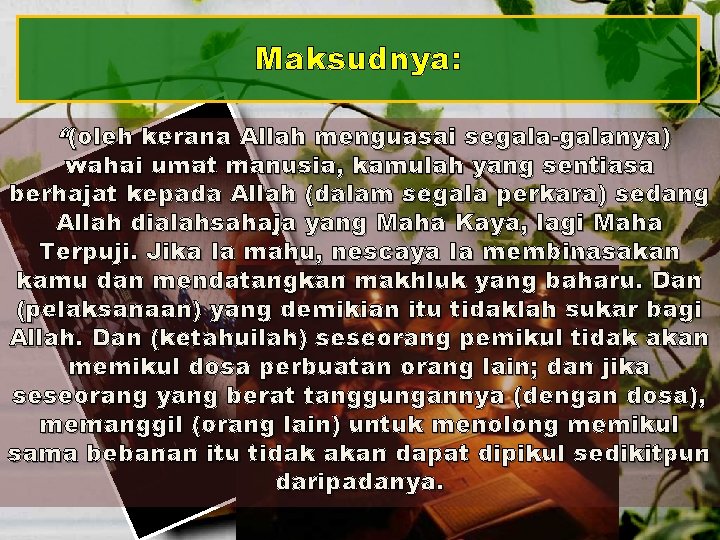Maksudnya: “(oleh kerana Allah menguasai segala-galanya) wahai umat manusia, kamulah yang sentiasa berhajat kepada