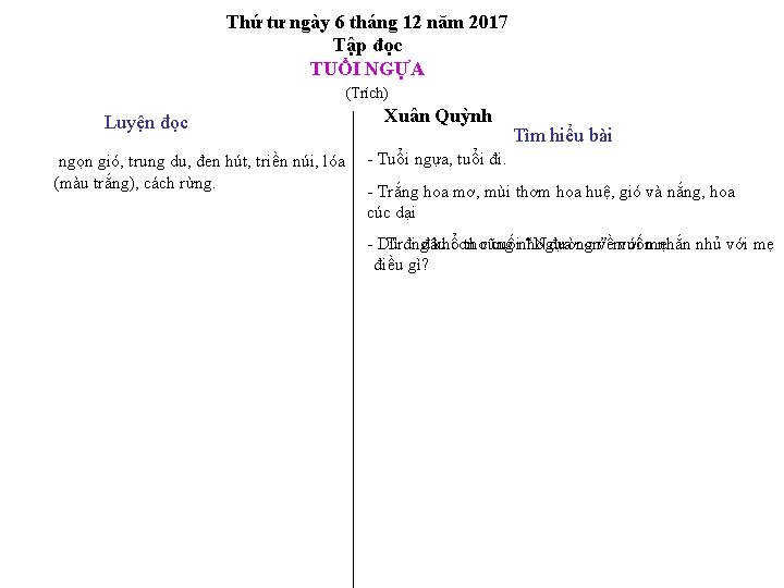 Thứ tư ngày 6 tháng 12 năm 2017 Tập đọc TUỔI NGỰA (Trích) Luyện