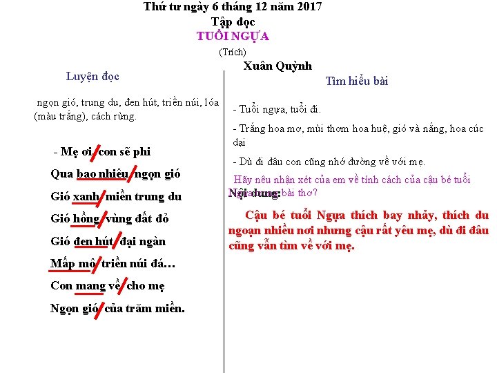 Thứ tư ngày 6 tháng 12 năm 2017 Tập đọc TUỔI NGỰA (Trích) Luyện