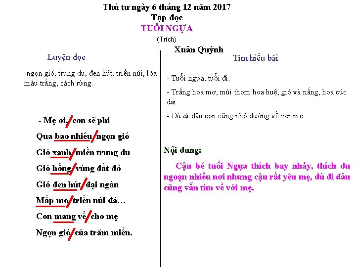 Thứ tư ngày 6 tháng 12 năm 2017 Tập đọc TUỔI NGỰA (Trích) Luyện