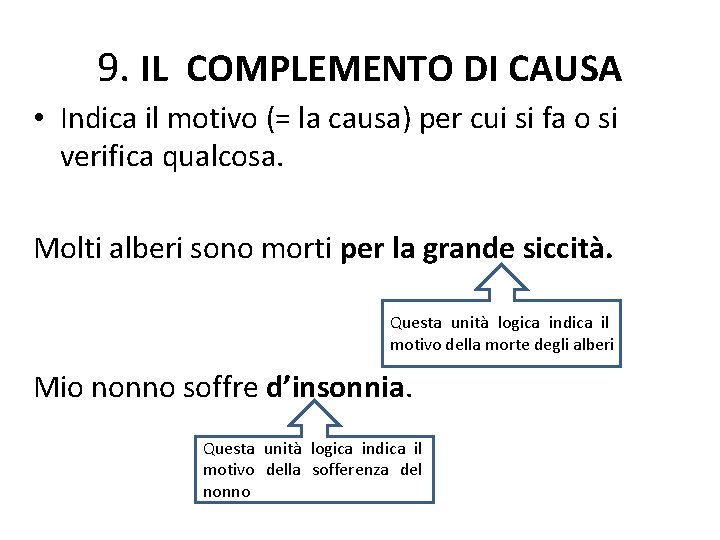 9. IL COMPLEMENTO DI CAUSA • Indica il motivo (= la causa) per cui