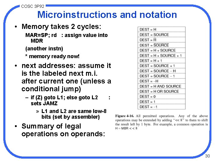 COSC 3 P 92 Microinstructions and notation • Memory takes 2 cycles: MAR=SP; rd