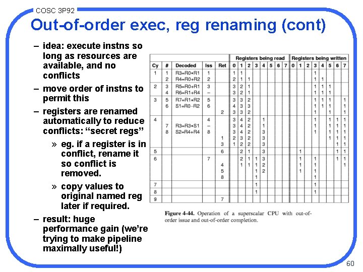 COSC 3 P 92 Out-of-order exec, reg renaming (cont) – idea: execute instns so