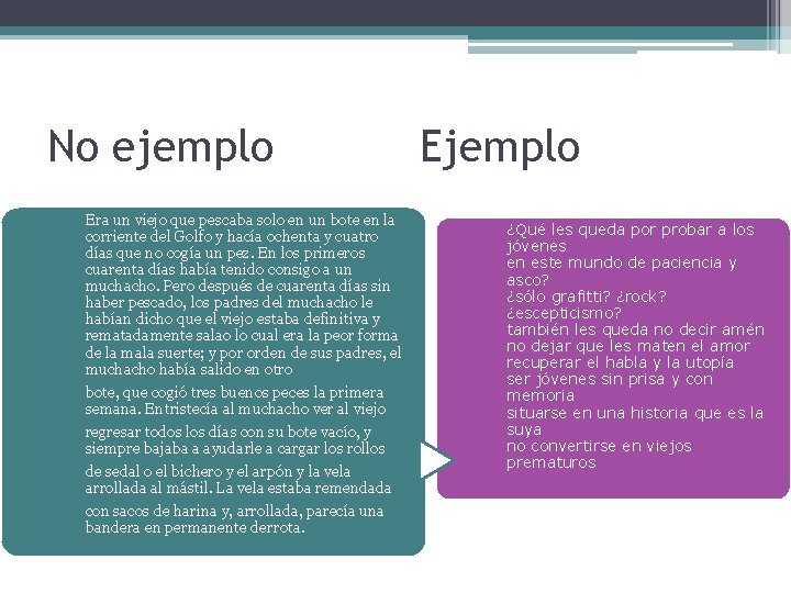 No ejemplo Era un viejo que pescaba solo en un bote en la corriente