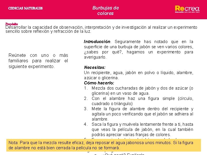 CIENCIAS NATURALES Burbujas de colores Propósito Desarrollar la capacidad de observación, interpretación y de