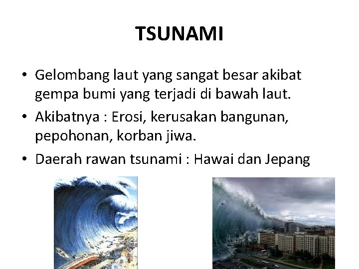 TSUNAMI • Gelombang laut yang sangat besar akibat gempa bumi yang terjadi di bawah