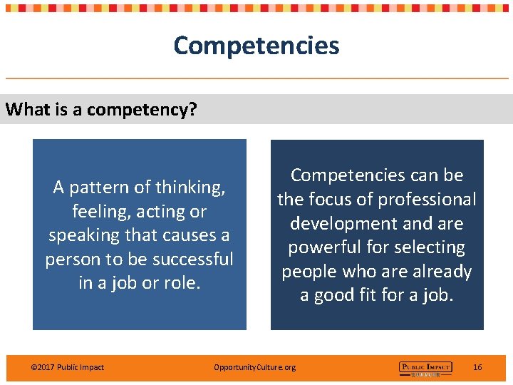 Competencies What is a competency? A pattern of thinking, feeling, acting or speaking that