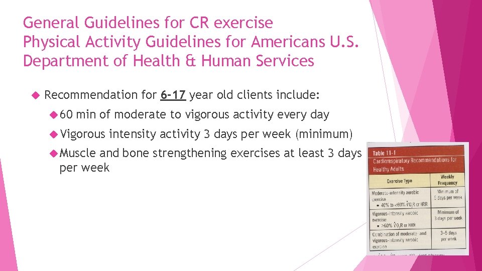 General Guidelines for CR exercise Physical Activity Guidelines for Americans U. S. Department of