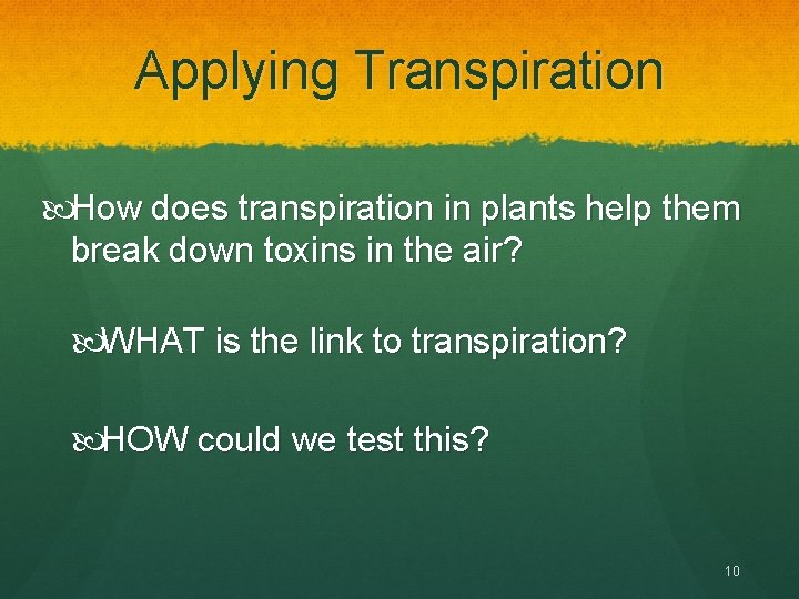 Applying Transpiration How does transpiration in plants help them break down toxins in the