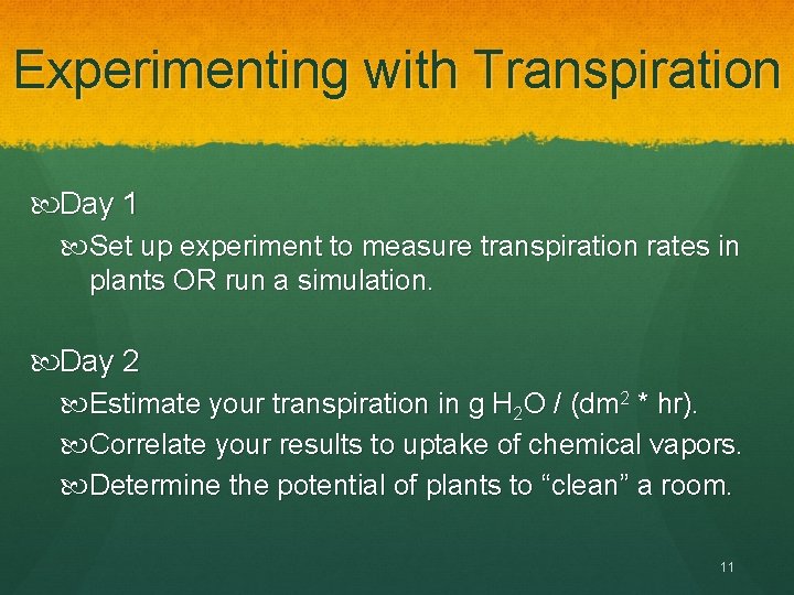 Experimenting with Transpiration Day 1 Set up experiment to measure transpiration rates in plants