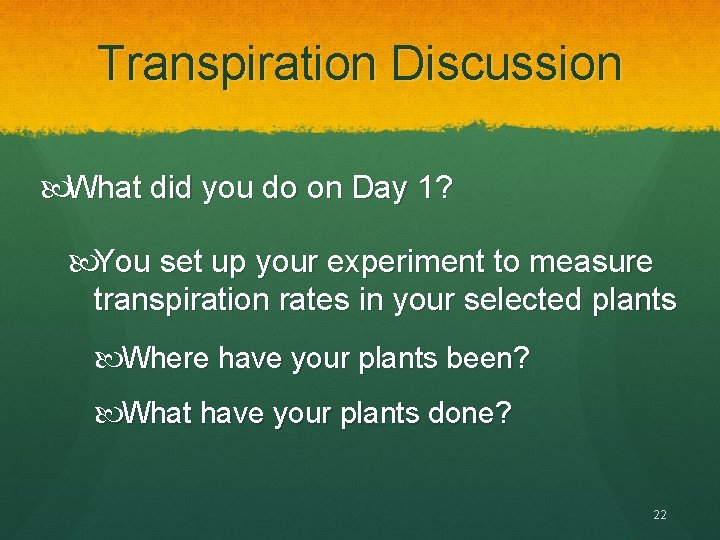 Transpiration Discussion What did you do on Day 1? You set up your experiment